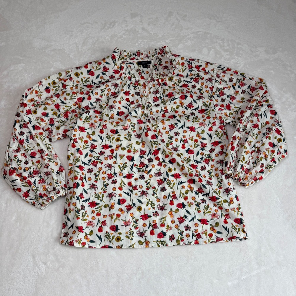 J.Crew Re-Imagined Floral Ruffle Neck Tie Front Puff Sleeve Blouse Red White M